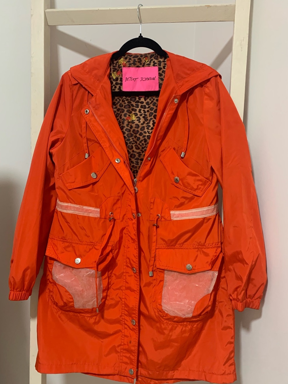 Betsey Johnson Bright Orange Hooded Rain Jacket Leopard PVC Trim